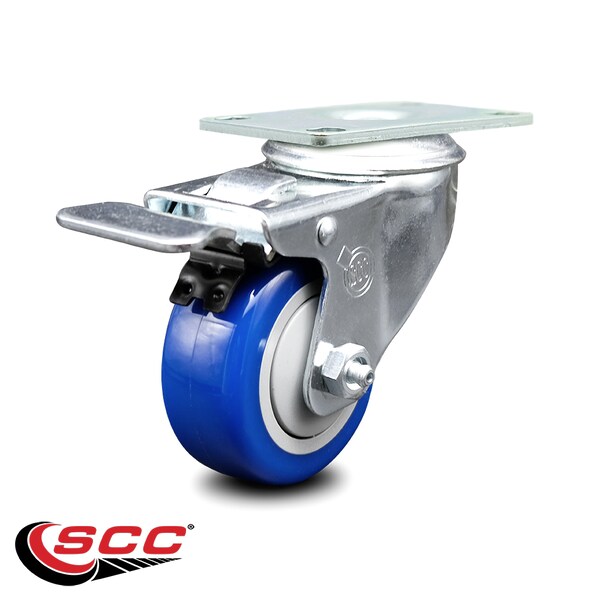 3.5 Inch Blue Polyurethane Wheel Swivel Top Plate Caster with Total Lock Brake